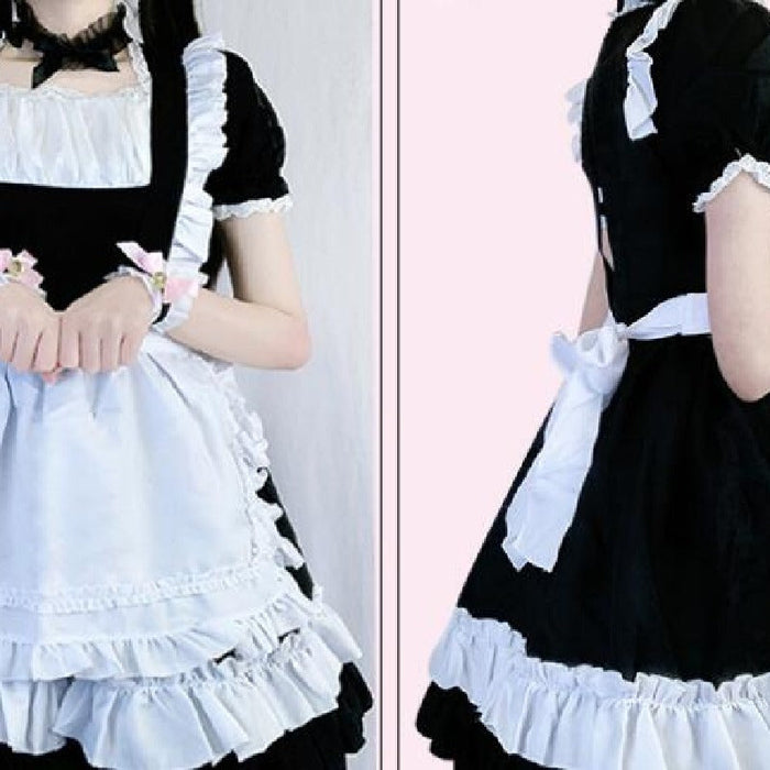 【7日内出荷】4点セット メイド服 ミニ丈 メイド喫茶 メイドコスチューム ジャパニーズメイド lolitaメイド服 セット ミニスカ ハロウィン  衣装 仮装 パーティ コスプレ ウェイトレス