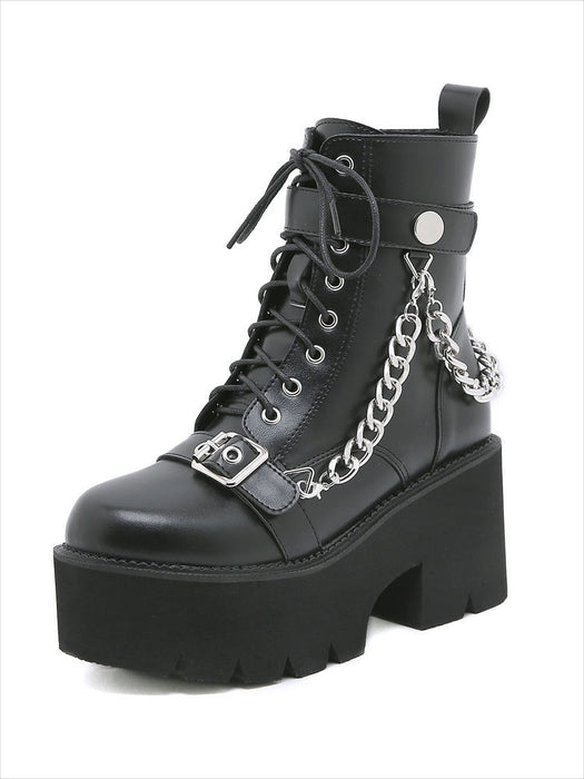 【7日内出荷】厚底 パンク風 ショートブーツ レディース ブーツ 太ヒール レースアップブーツ ヒール7.5cm 靴 編み上げブーツ カジュアル 日常 通勤 おしゃれ 痛くない 履きやすい 柔らかい ゆったり ダンスシューズ ラウンドトゥ きれいめ 人気 クール 大人 韓国 仕事 PU 合皮 細見え 黒