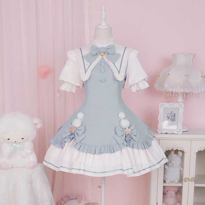 lolita ワンピース 姫 蝶結び鈴 ゴスロリ 女の子 ガールズ フリル ペプラムスカート レース 姫袖 森ガール お姫様 長袖 ロリータ風 女装 可愛い 大きいリボン 茶話会 仮装 クリスマス