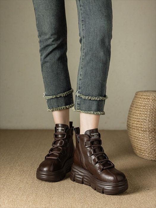 【7日内出荷】ショートブーツ レディース ブーツ 厚底 サイドジップ レースアップブーツ 秋ブーツ カジュアル 日常 通勤 美脚 おしゃれ 痛くない 履きやすい 柔らかい 幅広 ゆったり ラウンドトゥ きれいめ シンプル 大人気 クール 春夏秋冬 韓国 仕事 PU 合皮 原宿系 細見え 黒 ブラウン