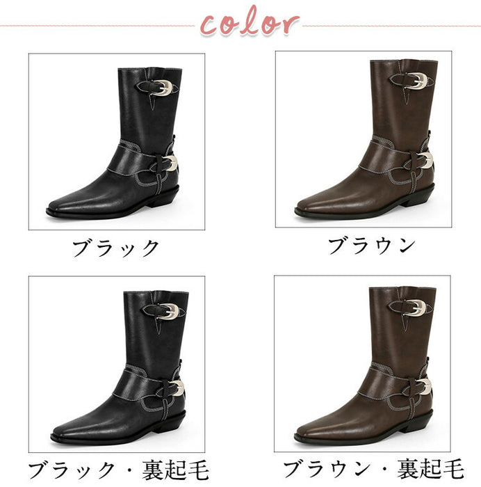 【7日内出荷】【3.5cmヒール 】ウエスタン ショートブーツ レディース ブーツ ウエスタンブーツ パンク系 スクエアトゥ ミドル丈 レザーシューズ PU  チャンキーヒール 太ヒール 安定感 美脚 靴 通学 通勤 おしゃれ 韓国 歩きやすい 疲れない 滑りにくい 大きいサイズ 22cm～25cm 黒 裏起毛 春 秋 冬
