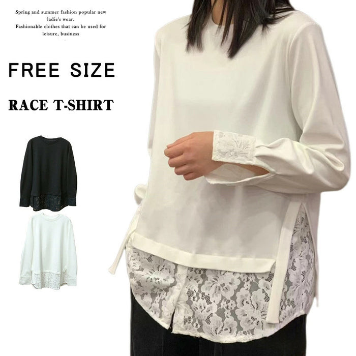 【7日内出荷】レイヤード ロンT レース 袖 裾 レースインナー トップス レディース レース レイヤードトップス 長袖 Tシャツ カットソー インナー チュニック 無地 透け 肌着 重ね着 きれいめ 大きいサイズ 体型カバー お尻が隠れる 厚手 白 黒 秋 冬