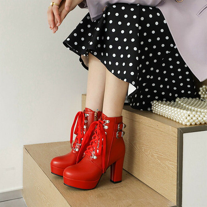 【7日内出荷】【9.5cmヒール】 ショートブーツ レディース サイドゴム レースアップ 高校生 中学生 ブーツ PU レザーシューズ コスプレ cosplay 太ヒール ハイスムース3cm 安定感 厚底 靴 ラウンドトゥ 学生 通学 美脚 大きいサイズ がルーズ グループ 人気