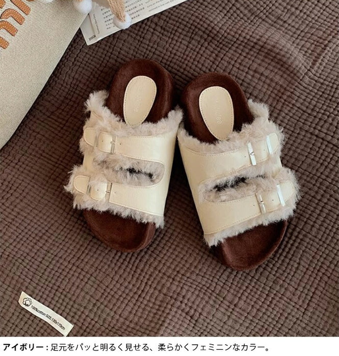 【7日内出荷】【4cmヒール】サンダル 厚底 ファーサンダル レディース ボアサンダル 冬用 4cmヒール もこもこ 歩きやすい 暖かい 冬用サンダル 痛くない 疲れにくい 美脚 ダブルベルト レザー調 合皮 おしゃれ ルームシューズ 室内履き 20代 30代 靴 防寒 黒 茶 白