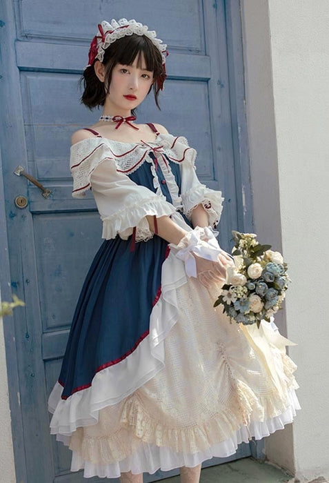 【7日内出荷】 ロリータ 森ガール ワンピース Aライン Lolita 2way オフショルダー 長袖 レース フリル 半袖 萌え萌え 可愛い かわいい プリンセス お姫様 プレゼント ミモレ丈 レディース ロココ コスチューム 仮装 ハロウィン 学園祭 文化祭 ベージュ ネイビー