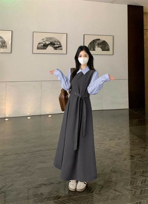 【7日内出荷】ワンピース ロングワンピース 切り替えワンピース Aライン ワンピ ロングワンピ ロング マキシワンピース 襟 無地 きれいめ シンプル マキシ レイヤード風 長袖 大きいサイズ 秋 冬