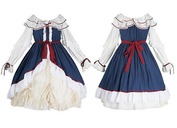 【7日内出荷】 ロリータ 森ガール ワンピース Aライン Lolita 2way オフショルダー 長袖 レース フリル 半袖 萌え萌え 可愛い かわいい プリンセス お姫様 プレゼント ミモレ丈 レディース ロココ コスチューム 仮装 ハロウィン 学園祭 文化祭 ベージュ ネイビー