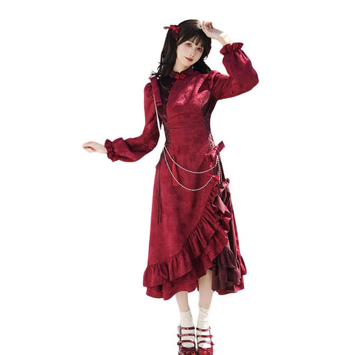 チャイナドレス 中華風 ロリータワンピース お嬢様 コスプレ衣装 長袖 赤 ジャガード パフ袖 パールチェーン タッセル フリル リボン 姫ドレス ハロウィン 仮装 森ガール ゆめかわいい パーティー お祭り