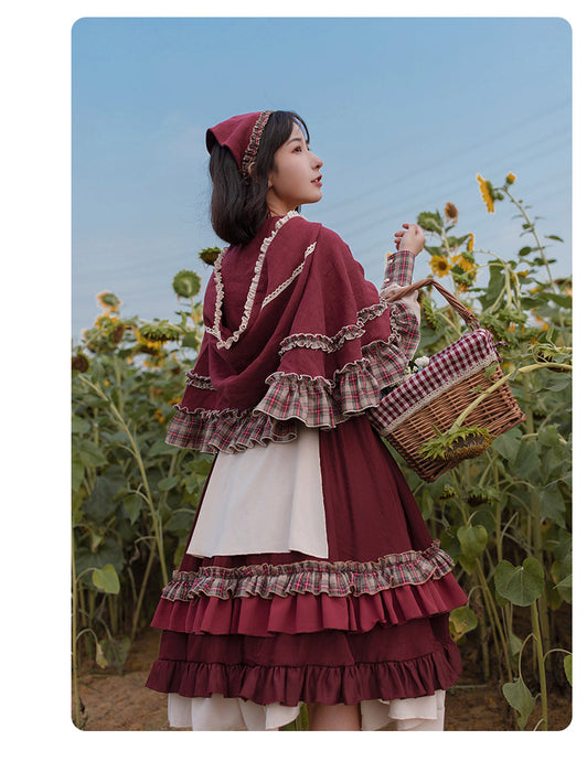【7日内出荷】赤ずきん ロリータワンピース ワンピース ロリータドレス  マント付き 3点セット 三角巾付き 甘ロリ キュート 原宿 ガーリー 秋 冬