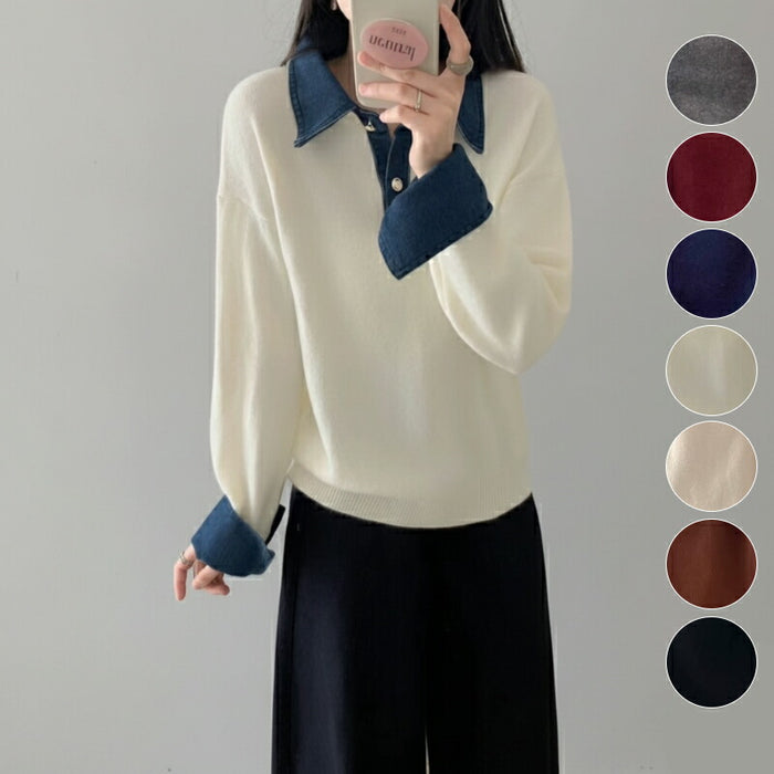 【7日内出荷】ニット セーター レディース レイヤード風 重ね着風 デニム襟 ポロ襟 バイカラー トップス プルオーバー 長袖 韓国 きれいめ カジュアル 大人可愛い ゆったり 体型カバー あったか 防寒 おしゃれ 秋冬 通勤 通学 オフィス デート お出かけ