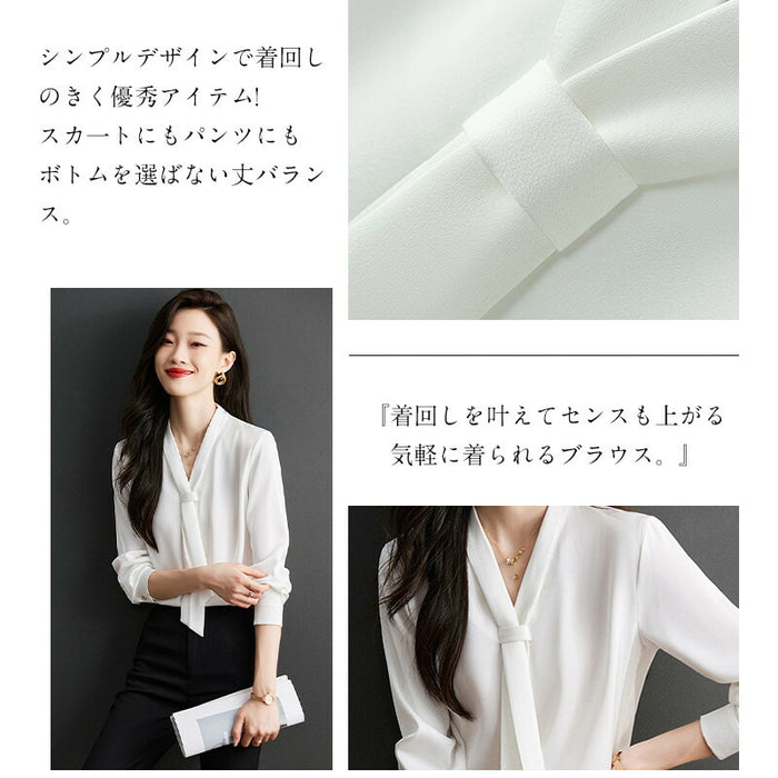 【7日内出荷】ブラウス レディース オフィス ボウタイ スカーフタイ リボンタイ Vネック スーツ カットソー きれいめ 長袖 シフォン 白ブラウス 白シャツ インナー トップス オフィスカジュアル シワになりにくい イージーケア 春 夏