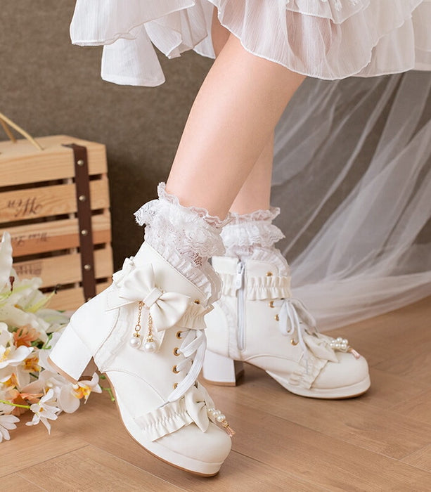 【5cm ヒール】厚底ブーツ ロリータ ブーツ レディース ショートブーツ 編み上げブーツ 甘ロリ お姫様 森ガール ロリィタ靴 レース リボン パール 5cm 太ヒール 歩きやすい 痛くない サイドジップ おしゃれ かわいい お茶会 コスプレ 黒 ピンク 白 秋冬