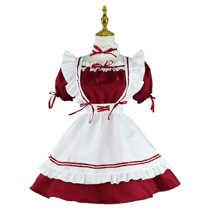 【7日内出荷】6点セット メイド服 コスプレ可愛い セクシー 制服 ハロウィン ゆめかわ 大人 レディース エプロン カチューシャ 半袖 ゴスロリ シンプル スカート ロリータ ワンピース 白 黒 赤 文化祭 リボン ピンク シンプル 仮装 衣装 膝丈