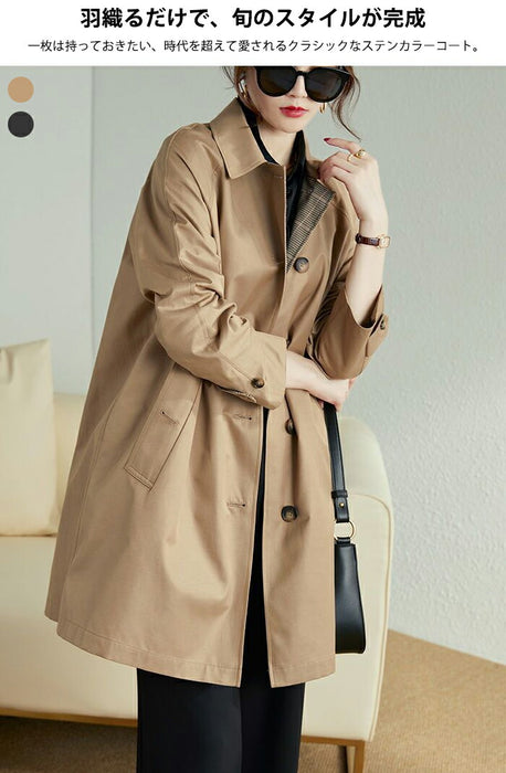 【M-5XL】トレンチコート レディース 大きいサイズ ステンカラーコート アウター ロングコート 膝丈 スプリングコート カジュアル 通勤 きれいめ おしゃれ 上品 チェック ゆったり 軽 体型カバー 入学式 入園式 卒業式 オフィス 春 秋 冬 ベージュ 紺