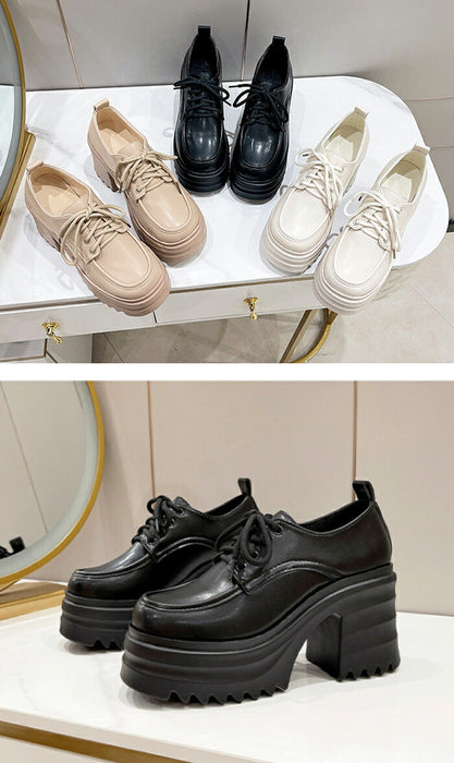 【7日内出荷】【10cmヒール】オックスフォードシューズ 厚底シューズ レディース 厚底 チャンキーヒール 太ヒール Uチップ 革靴 レザー 合皮 シャーク 歩きやすい 疲れにくい 美脚 脚長 おしゃれ 学生 通学 通勤 黒 オフホワイト ベージュ 秋冬 シューズ
