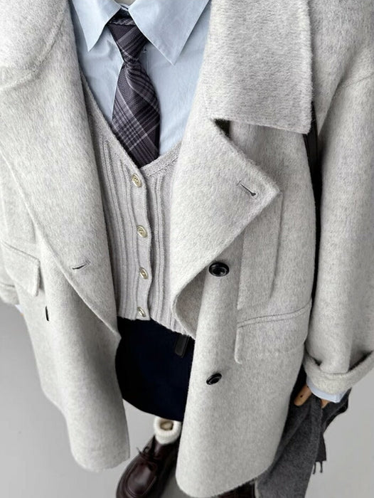 【7日内出荷】チェスターコート レディース アウター コート ジャケット ミドル丈 ダブルボタン 韓国 秋冬 暖かい 防寒 厚手 長袖 テーラード きれいめ フォーマル カジュアル ゆったり 体型カバー おしゃれ M L XL 通勤 通学 オフィス デート グレー