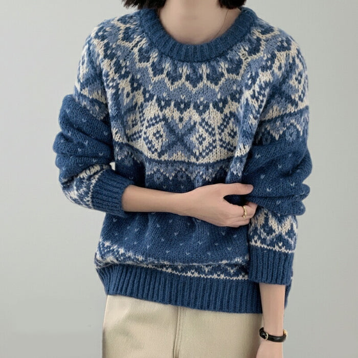 【7日内出荷】ニット セーター レディース ノルディック柄 フェアアイル柄 トップス プルオーバー 長袖 クルーネック 韓国ファッション きれいめ カジュアル ゆったり 体型カバー あったか 防寒 厚手 おしゃれ 秋冬 クリスマス デート服 通勤 通学