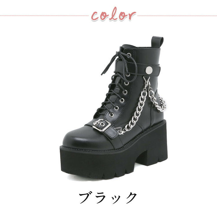 【7日内出荷】厚底 パンク風 ショートブーツ レディース ブーツ 太ヒール レースアップブーツ ヒール7.5cm 靴 編み上げブーツ カジュアル 日常 通勤 おしゃれ 痛くない 履きやすい 柔らかい ゆったり ダンスシューズ ラウンドトゥ きれいめ 人気 クール 大人 韓国 仕事 PU 合皮 細見え 黒