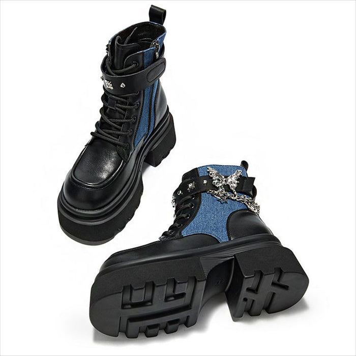 【7日内出荷】ショートブーツ 厚底 レースアップブーツ レディース 太ヒール パンク風 チェーン付き 編み上げ おしゃれ 秋ブーツ ラウンドトゥ 靴 痛くない 履きやすい ゆったり サイドジップ シンプル 美脚 人気 春夏秋冬 韓国 通勤 合皮 原宿系 細見え 黒 青 ハロウィン ロック ゴスロリ