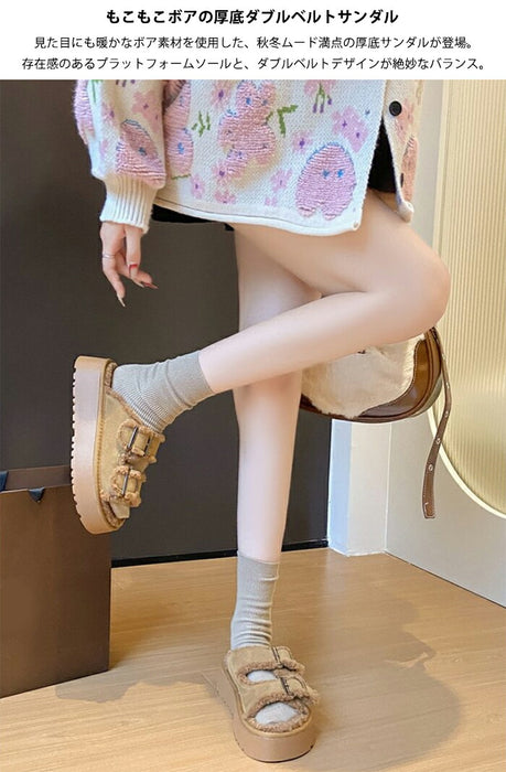 【7日内出荷】【 5cmヒール】厚底ボアサンダル レディース ファーサンダル ボア もこもこ 5cmヒール 歩きやすい つっかけ 暖かい 冬用サンダル 防寒 痛くない ダブルベルト 秋冬ルームシューズ 外履き 室内履き オフィス 20代 30代 シューズ 靴 ブラウン グレージュ