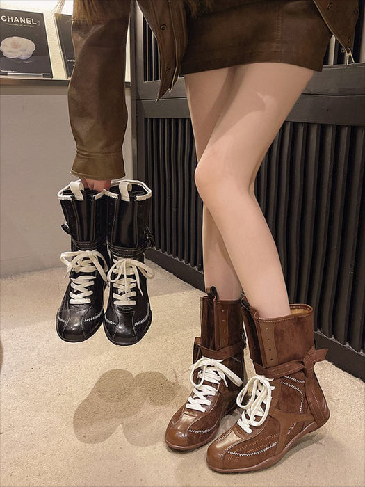 【7日内出荷】ショートブーツ レディース レースアップ 高校生 中学生 PU ブーツ エンジニアブーツ 安定感 太ヒール 厚底 ラウンドトゥ 黒 ブラック ブラウン 仕事 原宿系 韓国 通勤 学生 通学 美脚 歩きやすい 疲れない 痛くない シンプル おしゃれ 大きいサイズ 22.5cm-25.5cm 春夏秋冬