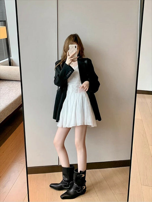 【7日内出荷】【3.5cmヒール 】ウエスタン ショートブーツ レディース ブーツ ウエスタンブーツ パンク系 スクエアトゥ ミドル丈 レザーシューズ PU  チャンキーヒール 太ヒール 安定感 美脚 靴 通学 通勤 おしゃれ 韓国 歩きやすい 疲れない 滑りにくい 大きいサイズ 22cm～25cm 黒 裏起毛 春 秋 冬