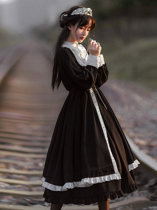 【7日内出荷】シスター風 ロリータワンピース 長袖ワンピース ロリータドレス lolita 付け襟付き レース フリル 甘ロリ 可愛い 原宿 レディース ガーリー 春秋冬