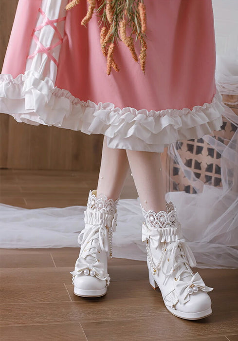 【5cmヒール】ロリータ ブーツ レディース ショートブーツ 甘ロリ お姫様 森ガール ロリィタ靴 レース リボン パール  チャンキーヒール 歩きやすい 疲れない 痛くない サイドジップ おしゃれ かわいい お茶会 コスプレ 発表会 黒 ピンク 白 秋冬