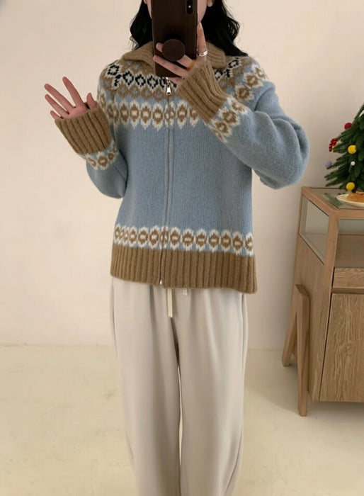 【7日内出荷】カーディガン ニット レディース フェアアイル ノルディック ジップアップ アウター トップス ブルゾン ショート丈 長袖 襟付き 韓国 きれいめ カジュアル 大人可愛い ゆったり あったか 防寒 おしゃれ 秋冬 クリスマス デート服 通勤 通学