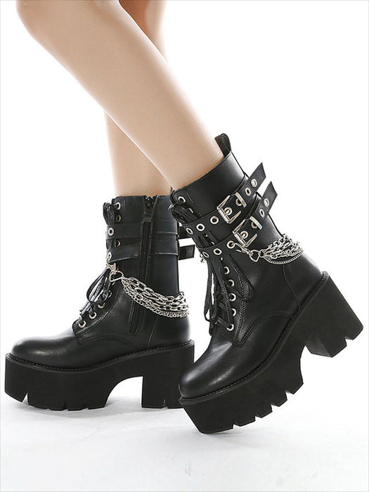 【7日内出荷】ショートブーツ レディース 厚底 レースアップブーツ チェーン付き ダンスシューズ ヒール8.5cm 秋ブーツ パンク風 カジュアル 靴 日常 通勤 おしゃれ 痛くない 履きやすい 柔らかい ゆったり ラウンドトゥ きれいめ 人気 クール 春夏秋冬 韓国 仕事 合皮 原宿系 細見え 黒