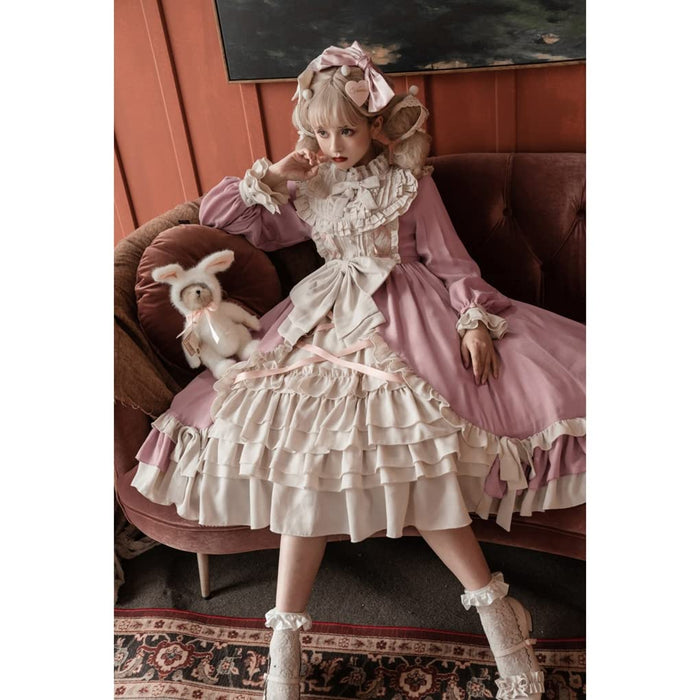 ロリィタ ワンピース スカラップドレス レディース ゴスロリ 長袖ワンピース ダンス衣装 大きいリボン 可愛い イベント ペプラムワンピース 文化祭 姫様 紺色 華ロリ (ネイビー, M)