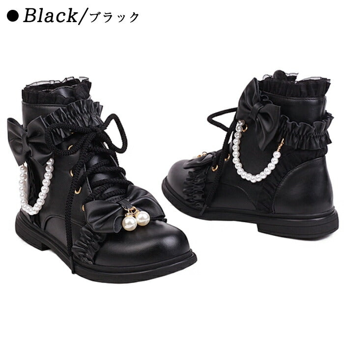 【2cmヒール】ロリータ ブーツ レディース ショートブーツ 編み上げブーツ ローヒール 甘ロリ お姫様 森ガール ロリィタ靴 レース リボン パール 歩きやすい 疲れない サイドジップ おしゃれ かわいい お茶会 コスプレ 発表会 黒 ピンク 白 秋冬