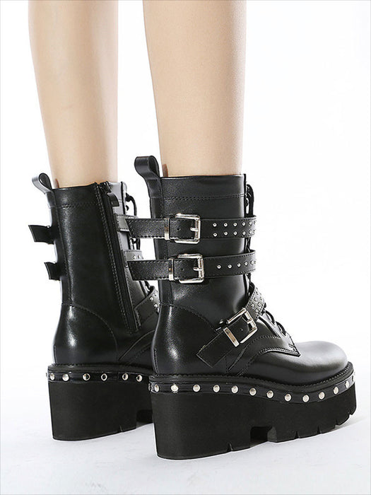 【7日内出荷】ショートブーツ パンク風 厚底 レースアップブーツ レディース ヒール8cm ブーツ スタッズ ダンスシューズ カジュアル 靴 編み上げブーツ 日常 通勤 おしゃれ 痛くない 履きやすい 柔らかい ゆったり きれいめ 人気 クール 美脚 春夏秋冬 韓国 仕事 PU 合皮 原宿系 細見え 黒