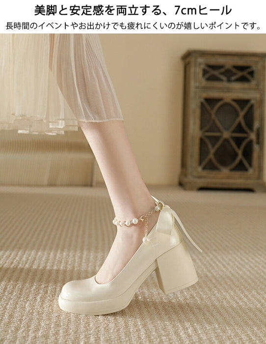 【7日内出荷】【7cmヒール】パンプス パール レディース 太ヒール リボン ウェディング メリージェーン ストラップ 痛くない 歩きやすい 疲れない エナメル 厚底 パーティー お呼ばれ 二次会 入学式 卒業式 おしゃれ  安定感 美脚 白 黒 23.0-25.0cm