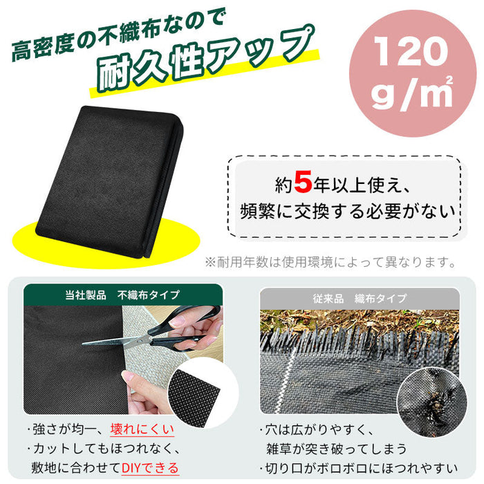 RAKU 防草シート 除草シート 雑草防止 雑草対策 草よけ 1x10/20/30/50m 密度120G/平米 5年耐久 UV剤入れ 遮光性/透水性/通気性に優れ 除草剤不要 安全安心 簡単設置 畑/庭/駐車場/ガーデニング 砂利の沈下抑え 紫外線劣化防止