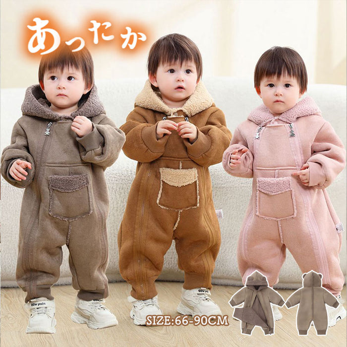 ベビー ジャンプスーツ  裏起毛 カバーオール ベビー服 ボア ロンパース 厚手 あったか  赤ちゃんアウター 新生児 裏ボア 帽子つき 耳付き 秋冬 防寒対策 保温 女の子 男の子 出産祝い プレゼント 前開き 着替え便利