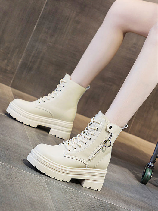 【7日内出荷】ショートブーツ 厚底 ブーツ レディース サイドジップ レースアップブーツ 秋ブーツ 太ヒール 靴 日常 通勤 美脚 カジュアル おしゃれ 痛くない 履きやすい 柔らかい 編み上げブーツ ラウンドトゥ きれいめ シンプル 大人気 春夏秋冬 韓国 仕事 PU 合皮 細見え 黒 ベージュ