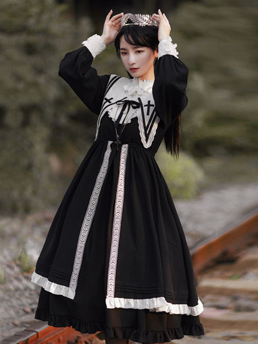 【7日内出荷】シスター風 ロリータワンピース 長袖ワンピース ロリータドレス lolita 付け襟付き レース フリル 甘ロリ 可愛い 原宿 レディース ガーリー 春秋冬