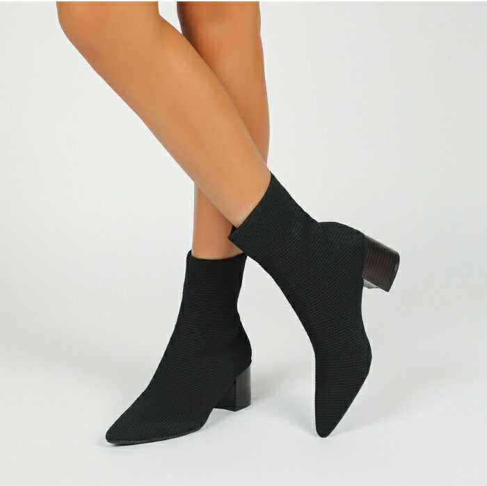 【7日内出荷】【5.5cmヒール】ソックスショートブーツ レディース 歩きやすい ソックスブーツ ニットブーツ ストレッチ 美脚 ミドルヒール チャンキーヒール 太めヒール ポインテッドトゥ 疲れない 軽量 柔らかい オフィス 通勤 きれいめ 秋冬 春 30代 40代