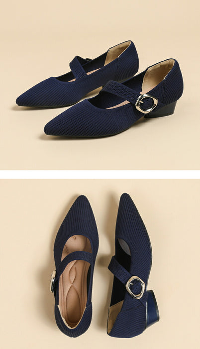 【7日内出荷】【3cmヒール】パンプス レディース 痛くない 歩きやすい ニット メリージェーン ポインテッドトゥ ローヒール 3cm チャンキーヒール 疲れない 柔らかい 脱げない 美脚 靴 軽量 オフィス 通勤 フォーマル 結婚式 母の日 大きいサイズ 黒 春 夏 秋