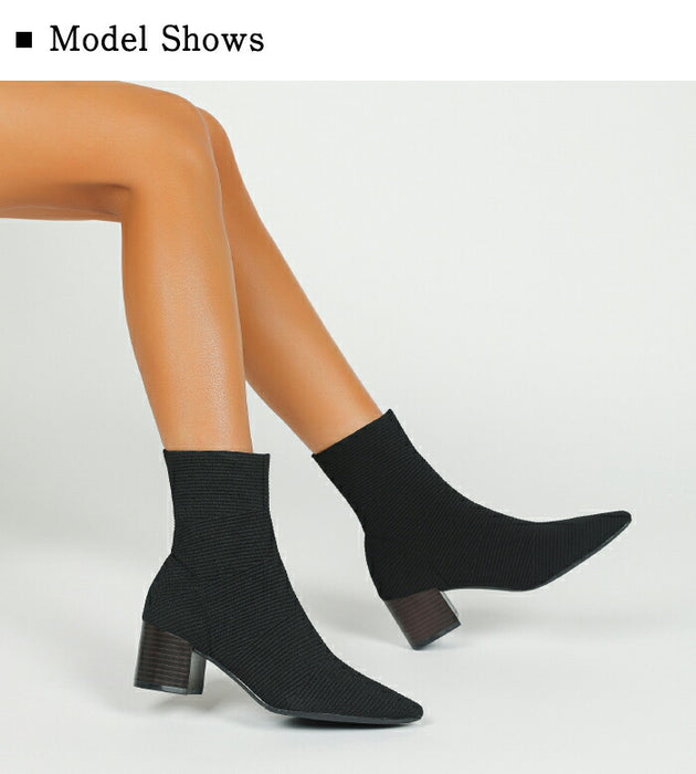 【7日内出荷】【5.5cmヒール】ソックスショートブーツ レディース 歩きやすい ソックスブーツ ニットブーツ ストレッチ 美脚 ミドルヒール チャンキーヒール 太めヒール ポインテッドトゥ 疲れない 軽量 柔らかい オフィス 通勤 きれいめ 秋冬 春 30代 40代