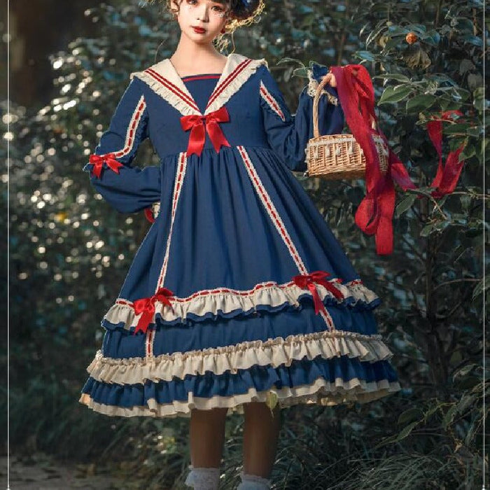 【7日内出荷】ロリータ ドレス ゴスロリ＆ロリータ服 長袖 ワンピース 膝丈 ミモレ丈 ロング ロリィタ服 マリン風 お姫様 ドレス 裾フリル レース リボン 可愛い ハイウエスト 学園祭 イベント コスプレ衣装 コスチュームレディース 大人 春秋冬 S M L XLワインレッド ネイビー