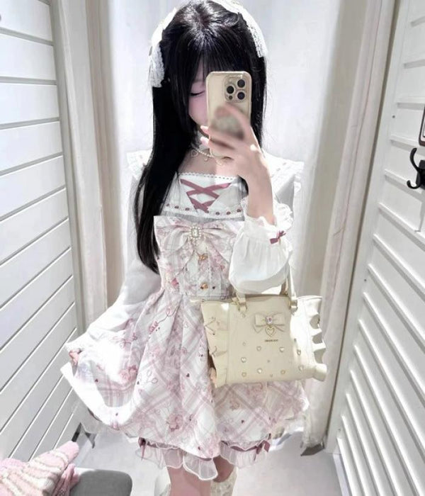 【7日内出荷】【S-2L】セーラーカラー 量産型 ワンピース クマ柄 長袖 レディース レース リボン ショート丈 ミニ 蝶結び ギャル ドレス ハイウエスト Aライン アニマル柄 かわいい 可愛い 病みかわいい ロリータ 学生 お姫様 プリンセス お出かけ 通勤 春 秋 ピンク ホワイト S M L XL