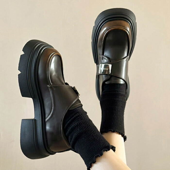 【7日内出荷】【5cmヒール 】厚底ローファー レディース パンプス PU 合皮 ストラップスクール ローファー ベルクロ 面ファスナー メタルプレート Uチップ チャンキーソール ボリュームソール 歩きやすい 身長アップ 美脚 学生 通学 通勤 制服コーデ 黒 茶色