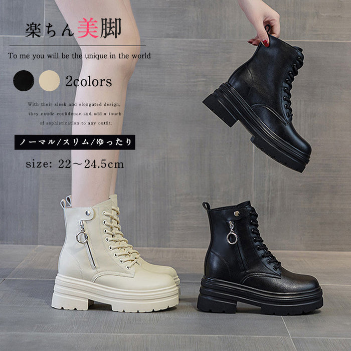 【7日内出荷】ショートブーツ 厚底 ブーツ レディース サイドジップ レースアップブーツ 秋ブーツ 太ヒール 靴 日常 通勤 美脚 カジュアル おしゃれ 痛くない 履きやすい 柔らかい 編み上げブーツ ラウンドトゥ きれいめ シンプル 大人気 春夏秋冬 韓国 仕事 PU 合皮 細見え 黒 ベージュ