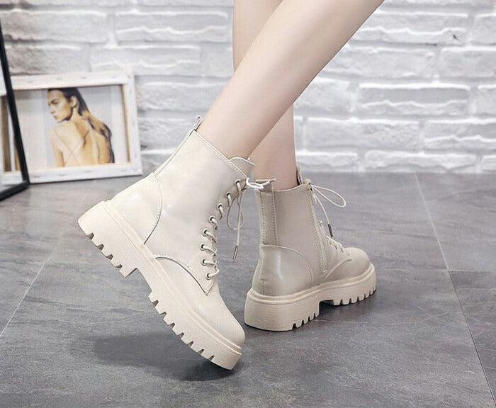 【4cmヒール】ショートブーツ レディース ダンスシューズ 歩きやすい レースアップ 編み上げ ミドル丈 韓国 厚底 4cm ローヒール 歩きやすい 痛くない 疲れない サイドジップ 防寒 卒業式 発表会 学生 女子 アイドル カジュアル 秋冬 黒 アイボリー