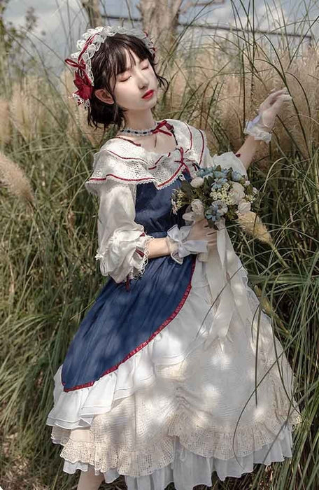 【7日内出荷】 ロリータ 森ガール ワンピース Aライン Lolita 2way オフショルダー 長袖 レース フリル 半袖 萌え萌え 可愛い かわいい プリンセス お姫様 プレゼント ミモレ丈 レディース ロココ コスチューム 仮装 ハロウィン 学園祭 文化祭 ベージュ ネイビー