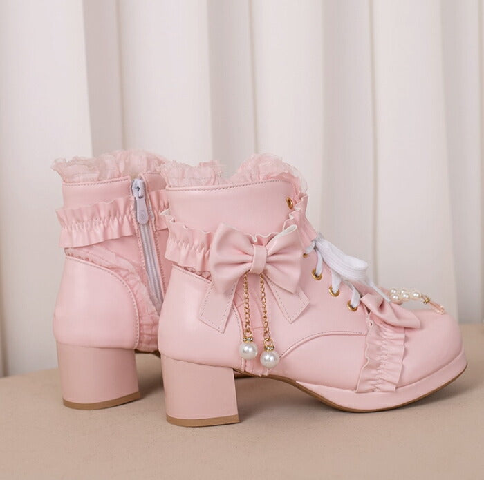 【5cm ヒール】厚底ブーツ ロリータ ブーツ レディース ショートブーツ 編み上げブーツ 甘ロリ お姫様 森ガール ロリィタ靴 レース リボン パール 5cm 太ヒール 歩きやすい 痛くない サイドジップ おしゃれ かわいい お茶会 コスプレ 黒 ピンク 白 秋冬