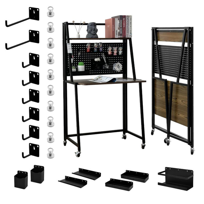 RAKU 書斎机 学習机 折り畳みテーブル 上棚付き 本棚 収納力抜群 組立不要 天板73.5×48cm キャスター 固定脚 角丸加工 耐久性 パソコンデスク PCデスク