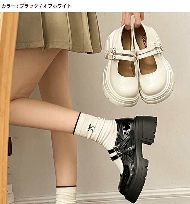 【7日内出荷】【7cmヒール】厚底 メリージェーン レディース 厚底パンプス  ヒールパンプス ダブルストラップ ハートバックル エナメル チャンキーソール ボリュームソール 歩きやすい 疲れにくい 韓国 かわいい 学生 通学 ライブ 黒 オフホワイト 秋冬